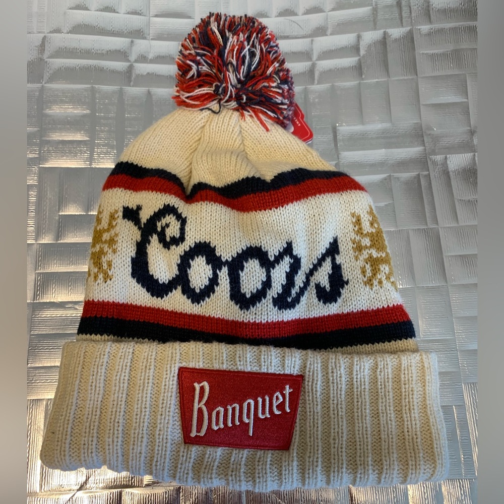 Coors Banquet Beer Knit Pom Beanie One Size Winter Cozy Warm NEW Golden Colorado
